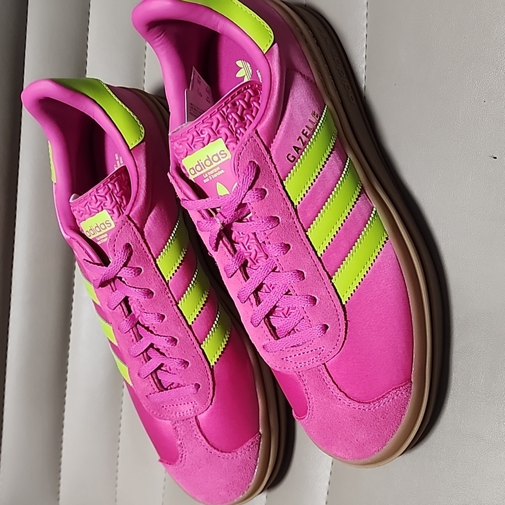 ADIDAS GAZELLE Bold Platform Sneakers W 10 11 RARE Pink Green Satin Trainers Gum - Picture 6 of 16